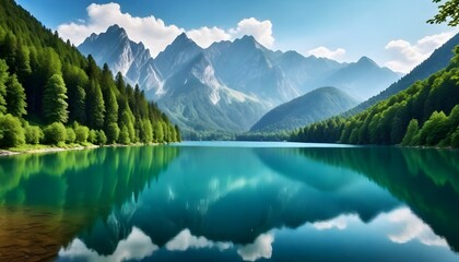  Photo of tranquil lake surrounded by towering mountains and lush green forests. The image captures breathtaking view of pristine lake reflecting the surrounding landscape - obrazy, fototapety, plakaty