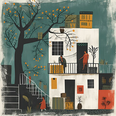 Funny cartoon illustration with house in folk style