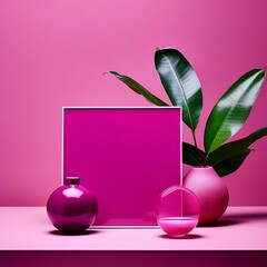 the frame is pink next to vases and plant with green leaves