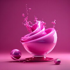 pink liquid pouring out of a glass bowl with silver balls