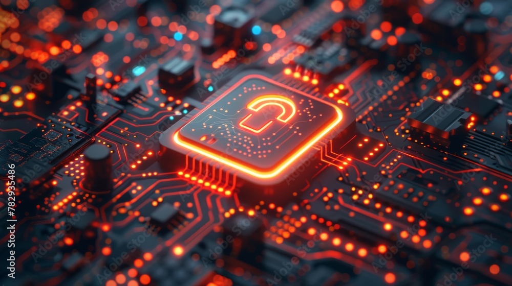 Poster 3D rendering of digital information protection. Microchip, circuit concept. Lock icon. Digitalization, computing technology, artificial intelligence (AI).