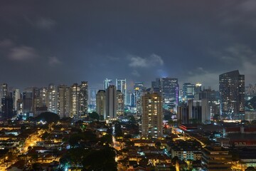 Rooftop view of illuminated Sao Paulo buildings at night in Brazil