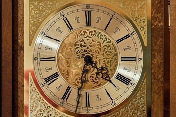 Antique golden clock with roman numerals and black hands