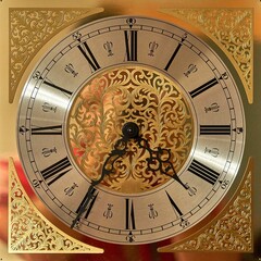 Closeup of an antique golden clock with roman numerals and black hands - obrazy, fototapety, plakaty
