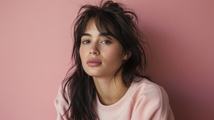 Fototapeta premium portrait photo of a 30-year-old woman wearing a blank sweatshirt, skin is slightly tanned, background is a plain pink, with empty copy space