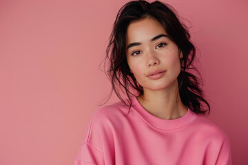 Fototapeta premium portrait photo of a 30-year-old woman wearing a blank sweatshirt, skin is slightly tanned, background is a plain pink, with empty copy space