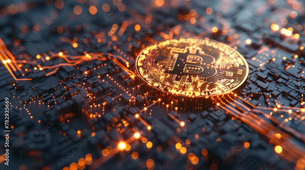 Aufkleber Background concept with Bitcoin blockchain crypto currency digital encryption. 3D render.