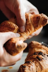 Vertical shot of a person cutting a freshly baked croissant