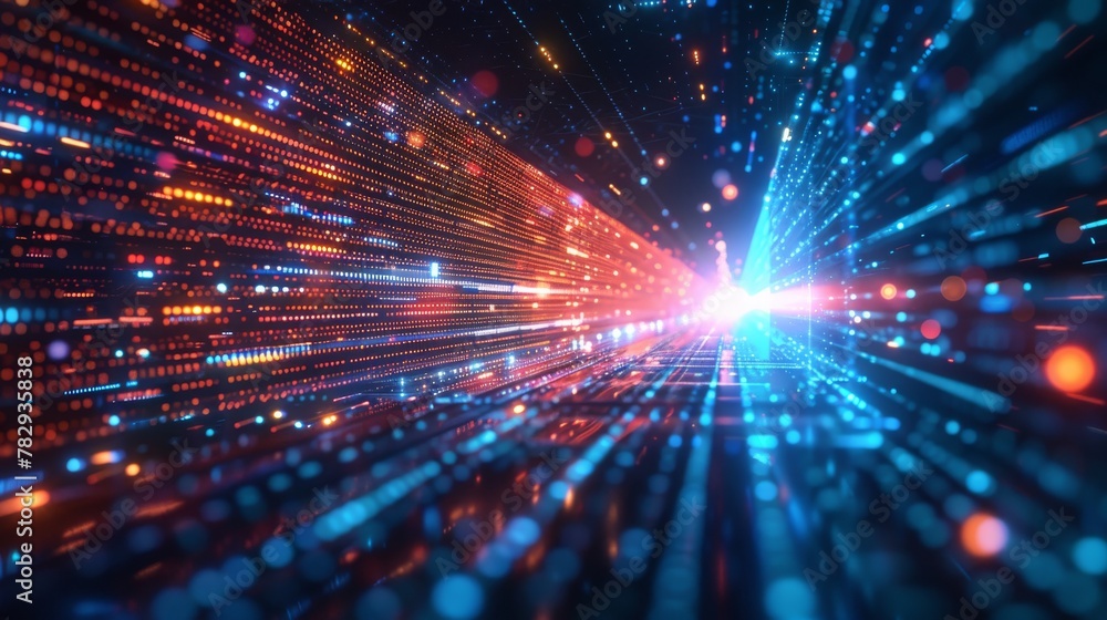 Poster 3D rendering of a digital cyberspace with particles and digital data network connections. Digital abstract background concept with high-speed connection and data analysis technology.