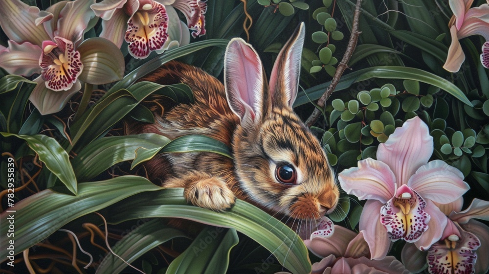 Wall mural a bunny looking in to some flowers in a bush with green leaves