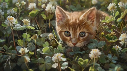 Fototapeta na wymiar a cat hiding in some green leaves on a field of flowers