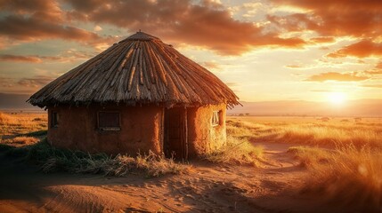 a hut sitting in the desert with the sun setting in the background - obrazy, fototapety, plakaty