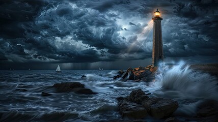 a storm at sea as waves crash against the rocky shore, with a lone lighthouse standing tall amidst the chaos.