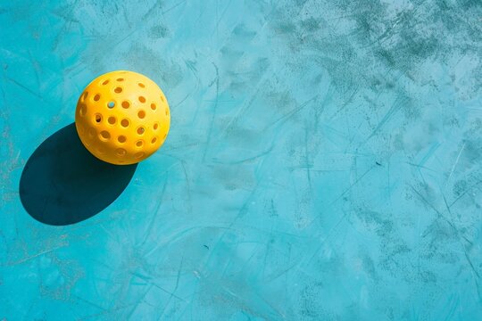 Yellow pickleball ball with paddle close-up on a pickleball court, with space for text. Beautiful simple AI generated image in 4K, unique.