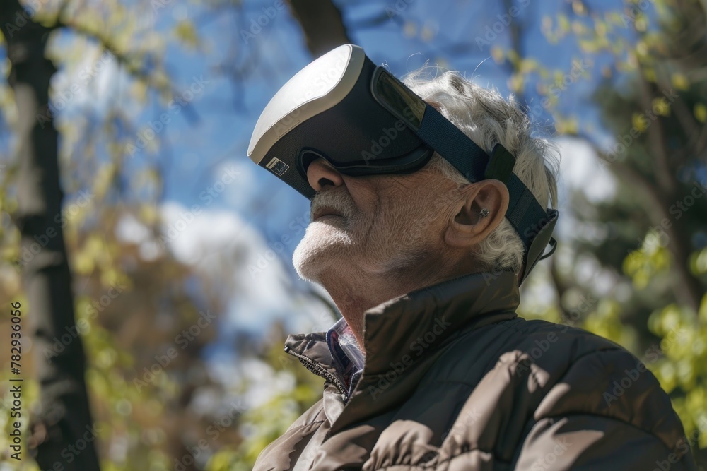 Poster senior man experiencing virtual reality technology, suitable for technology concepts