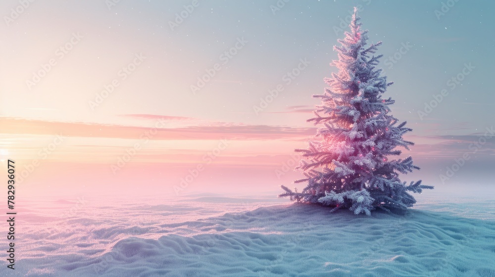 Poster a snow covered tree in a snowy field. suitable for winter themes
