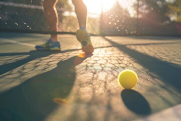 Yellow pickleball ball with paddle close-up on a pickleball court, with space for text. Beautiful simple AI generated image in 4K, unique. - obrazy, fototapety, plakaty