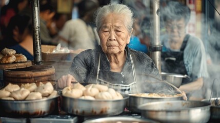 Elderly woman cooking food on a grill, suitable for culinary concepts
