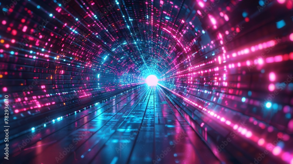 Leinwandbilder Abstract neon lights into a digital technology tunnel. Futuristic technology abstract background with lines for network, big data, data center, server, internet, speed. 3D model.