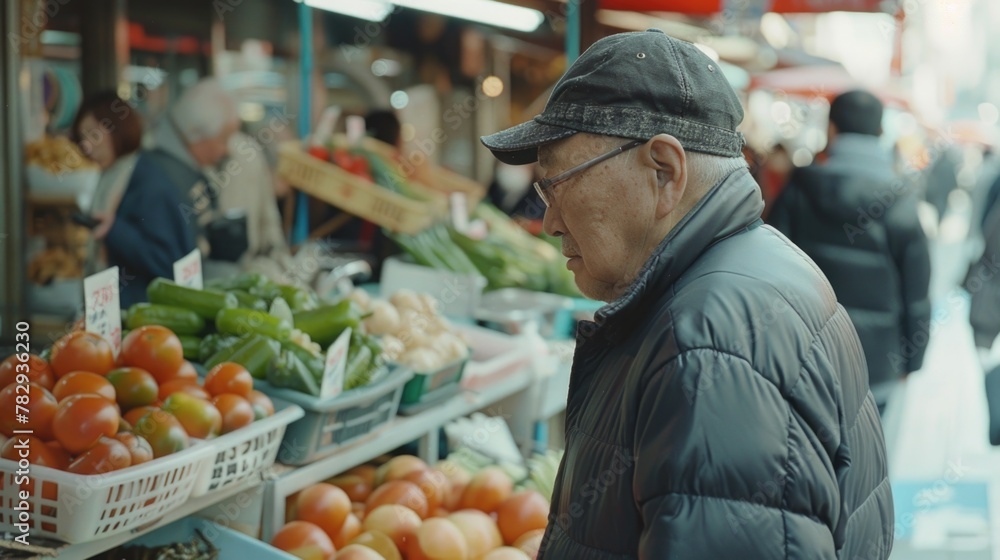 Poster a man standing in front of a fruit and vegetable stand. suitable for food and agriculture concepts