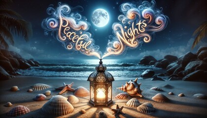 Smoke whimsically spells out "Peaceful Nights" in a fantasy-inspired font, backlit by a gibbous moon