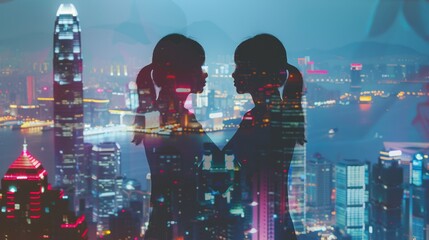 Silhouette of two businesswomen stand and look far away - obrazy, fototapety, plakaty