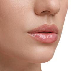 Woman wearing beautiful lip gloss on white background, closeup