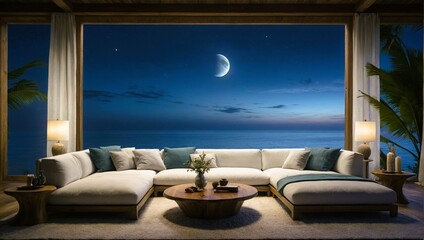 an ocean view from a tropical beach home at night with a full moon - obrazy, fototapety, plakaty