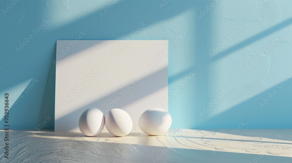 Poster Three eggs sitting on a table, suitable for various food and cooking concepts