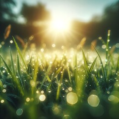 dewy grass in a bright, grassy field at sunset - obrazy, fototapety, plakaty