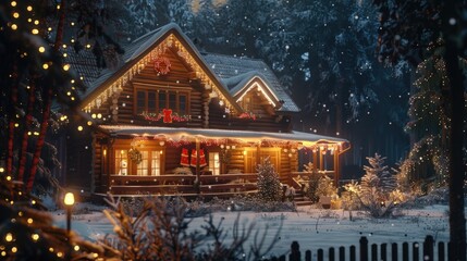 Fototapeta premium A cozy house adorned with twinkling Christmas lights. Perfect for holiday designs