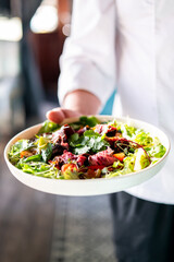 Chef in white attire presenting a vibrant salad with grilled meat, greens, and vegetables in a naturally lit indoor setting