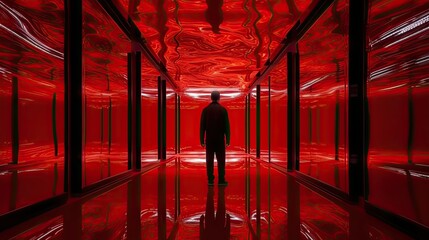 dark matter red art house future schizophrenia limbo hipper reflection in the mirror room, alone man stratification of consciousness - obrazy, fototapety, plakaty