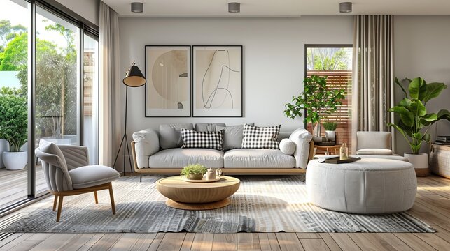 A bright and airy living room with wooden flooring and a sliding glass door leading to an outdoor area. A modern home interior design with a modern aesthetic simple style.