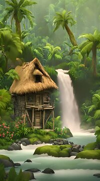 a hut in the middle of the jungle with a small waterfall