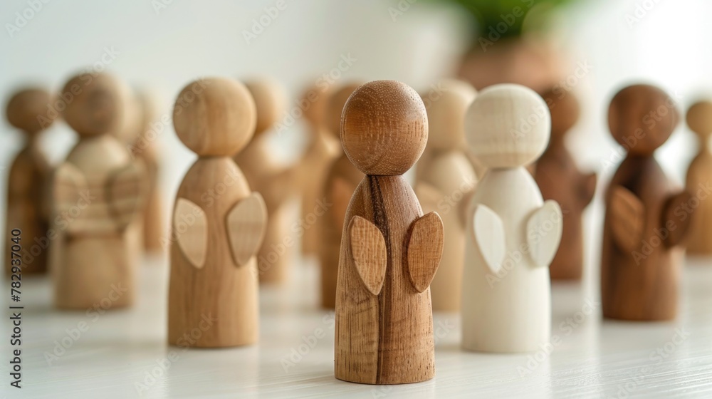 Poster A group of wooden people standing next to each other. Suitable for teamwork concepts