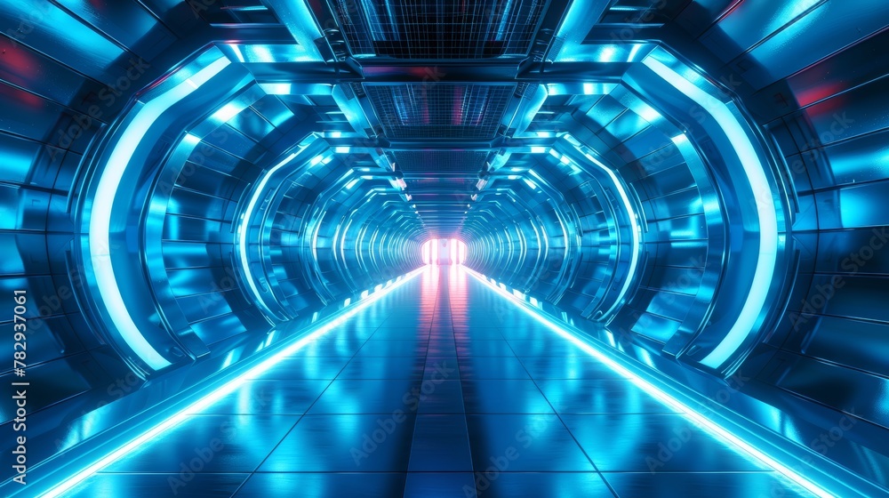 Aufkleber a futuristic spaceship interior on a blue background with abstract interior sci-fi corridors. 3d ren