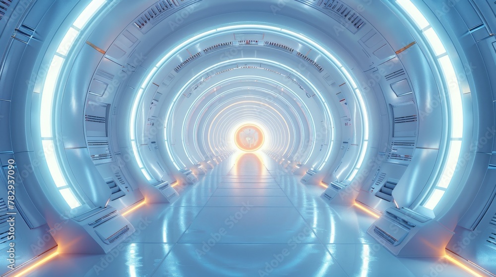 Aufkleber abstract sci-fi corridor interior design. spaceship interior in blue with illuminated corridors. 3d 