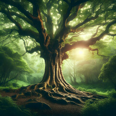 An ancient tree with a thick trunk and sprawling branches, standing tall in a lush forest, exuding an aura of wisdom and timelessness.