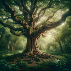 An ancient tree with a thick trunk and sprawling branches, standing tall in a lush forest, exuding an aura of wisdom and timelessness.
