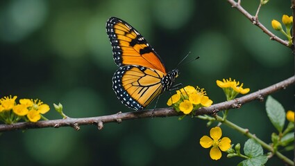  photo selective focus shot of a beautiful butterfly sitting on a branch with small yellow flowers  - Powered by Adobe