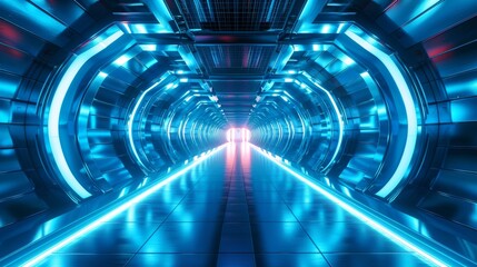 A futuristic spaceship interior on a blue background with abstract interior sci-fi corridors. 3D rendering.