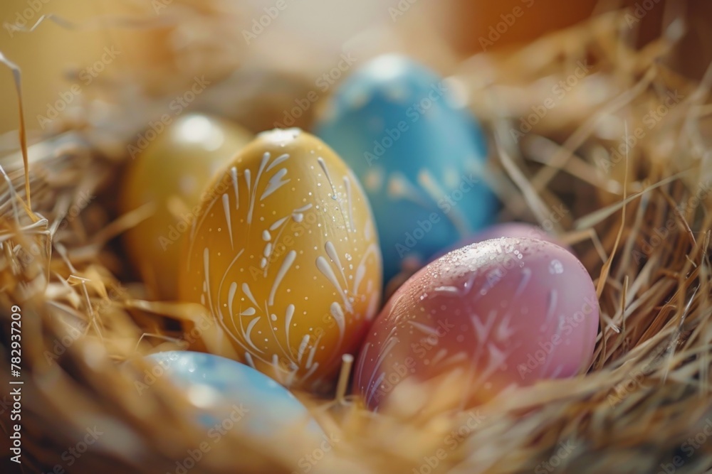 Poster Close up of three eggs in a nest, suitable for various nature and wildlife concepts