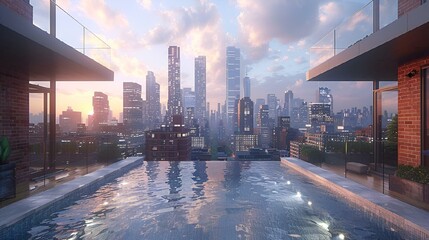 Sunset view of an outdoor pool with a cityscape in the background, AI-generated. - obrazy, fototapety, plakaty