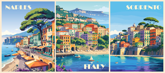 Set of Italy Travel Destination Posters in retro style. Naples, Sorrento seascape digital prints. European summer vacation, holidays concept. Vintage vector colorful illustrations. - obrazy, fototapety, plakaty