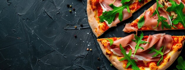 two gourmet pizza slices adorned with savory prosciutto and fresh arugula, elegantly arranged in a flat lay composition against a sleek black background, viewed from the top. - obrazy, fototapety, plakaty