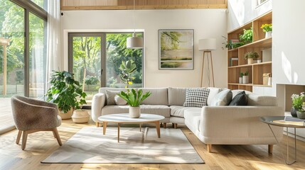 A bright and airy living room with wooden flooring and a sliding glass door leading to an outdoor area. A modern home interior design with a modern aesthetic simple style. - obrazy, fototapety, plakaty