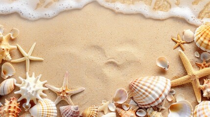 Fototapeta na wymiar Seashells and starfish scattered on sandy beach. Suitable for beach-themed designs