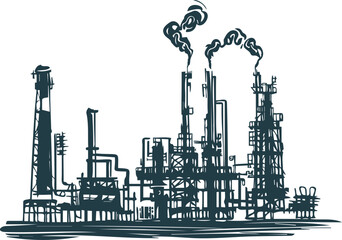 oil refining production in vector stencil engraving - obrazy, fototapety, plakaty