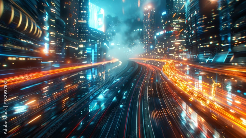 Aufkleber In this 3D rendering we see a warp speed in a hyper loop with blurred light from buildings at night in a megacity. This is a concept of next generation technology, fintech, big data, 5G fast network,